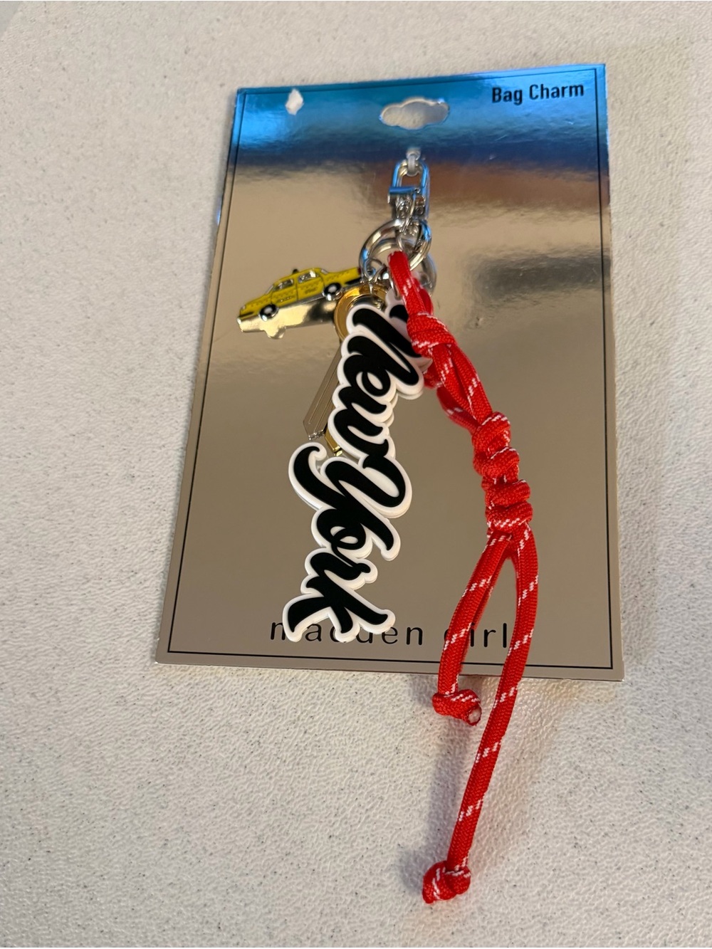 Madden Girl Red Rope Key Charm with Taxi & Script Pendant
